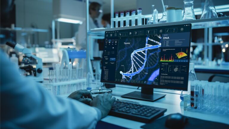 scientist-works-lab-with-computer-screen-displaying-dna-it