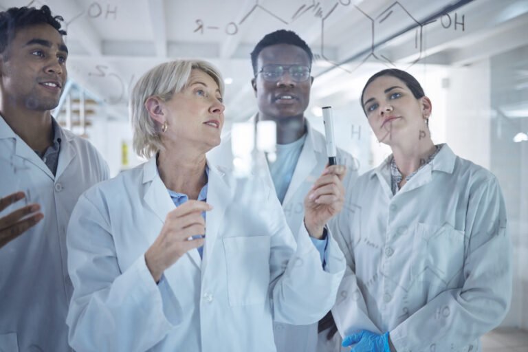 team-board-writing-science-formula-group-meeting-with-brainstorming-idea-planning-with-support-cooperation-cure-glass-diversity-people-with-dna-research-collaboration-talk